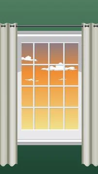 Vector Illustration of a Window with Curtains and Sunset Sky Stock Illustration