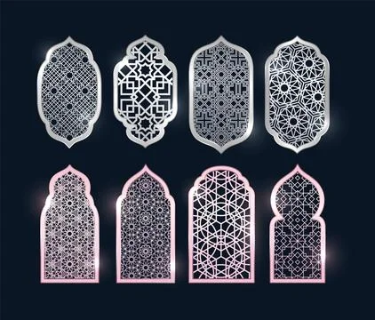 Vector illustration of window oriental frames set with silver and pink shine. Stock Illustration