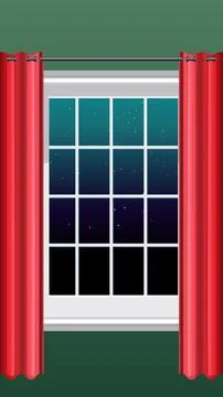Vector Illustration of a Window with Red Curtains and Starry Night Sky Stock Illustration
