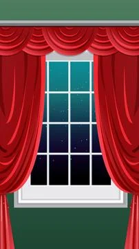 Vector Illustration of a Window with Red Curtains and Night Sky 스톡 일러스트