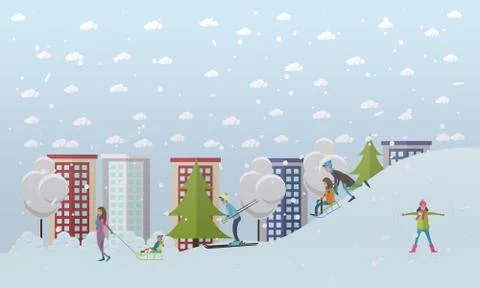 Vector illustration of winter activities concept design elements, flat style Stock Illustration