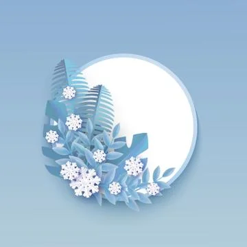 Vector illustration of winter banner with blank round shape, plant leaves and Stock Illustration