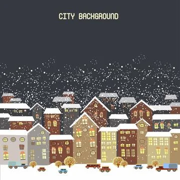 Vector illustration with winter city, falling snowflakes Stock Illustration