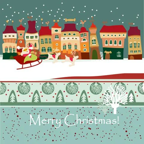 Vector illustration with winter city, falling snowflakes Stock Illustration