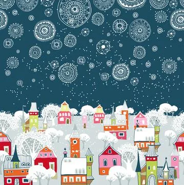 Vector illustration with winter city, falling snowflakes Stock Illustration