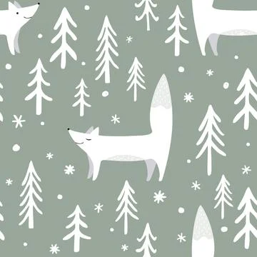 Vector illustration of a Winter Forest Seamless Pattern with trees and foxes Stock Illustration