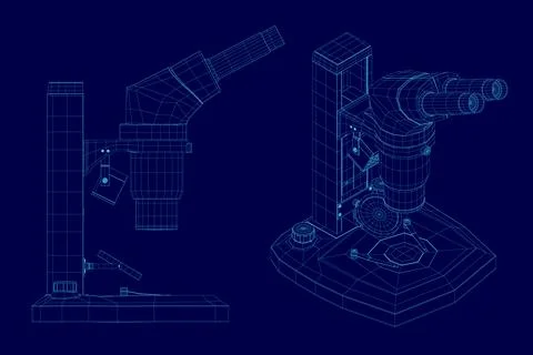 Vector illustration wireframe 3d set microscope science lab magnify tool. Stock Illustration