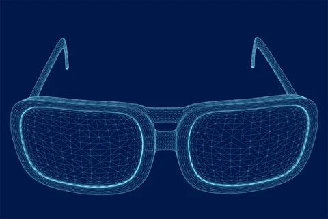 Vector illustration of wireframe hipster glasses isolated on blue background. 3D Stock Illustration