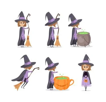 Vector illustration of witch flying, with broom, near cauldron. Stock Illustration