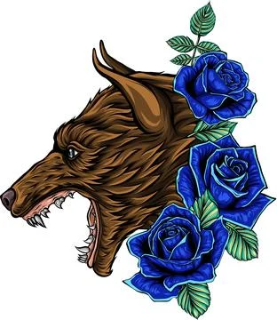 Vector illustration of wolf and roses on whiet background Illustrazione stock
