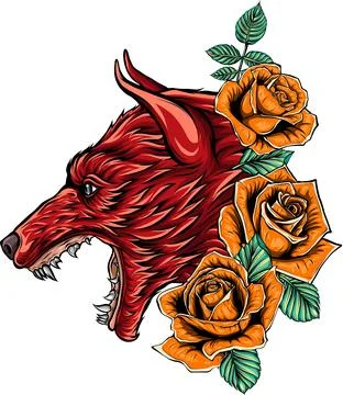 Vector illustration of wolf and roses on whiet background Illustrazione stock