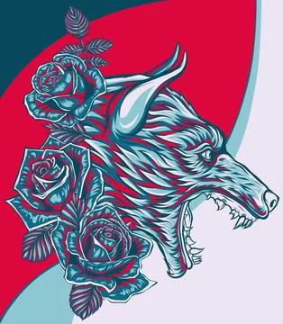Vector illustration of wolf and roses on whiet background Illustrazione stock