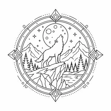 Vector illustration of a wolf howling at the moon in a mountain forest land.. Stock Illustration