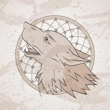 Vector illustration with wolf's head and dreamcatcher. Howling wolf. Stock Illustration