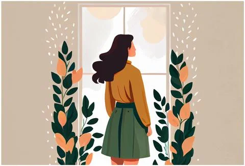 Vector illustration of woman looking at window with plants and flowers Stock Illustration