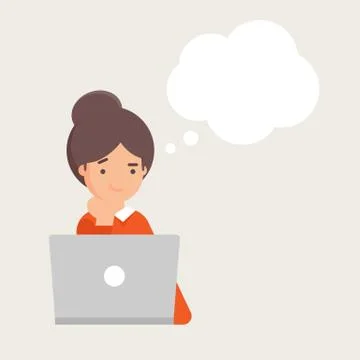 Vector illustration of woman working on the computer and thinking Illustrazione stock