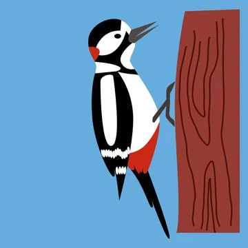 Vector illustration of woodpecker on a tree in flat style, Stock Illustration