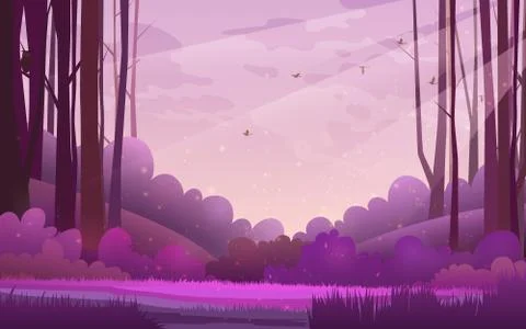 Vector illustration of woods. Pine forest landscape under a purple morning sky Illustrazione stock