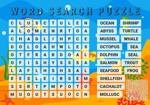 Vector illustration. Word search puzzle. Crossword puzzle on the ocean and .. Stock Illustration
