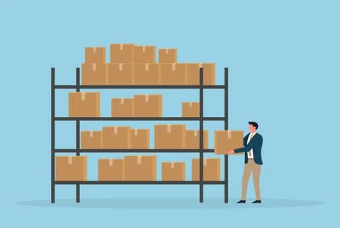 Vector illustration of a worker organizing cardboard boxes on warehouse Stock Illustration