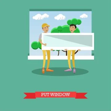 Vector illustration of workers installing plastic window, flat style Stock Illustration