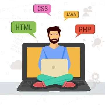 Vector illustration of working programmer with laptop 스톡 일러스트