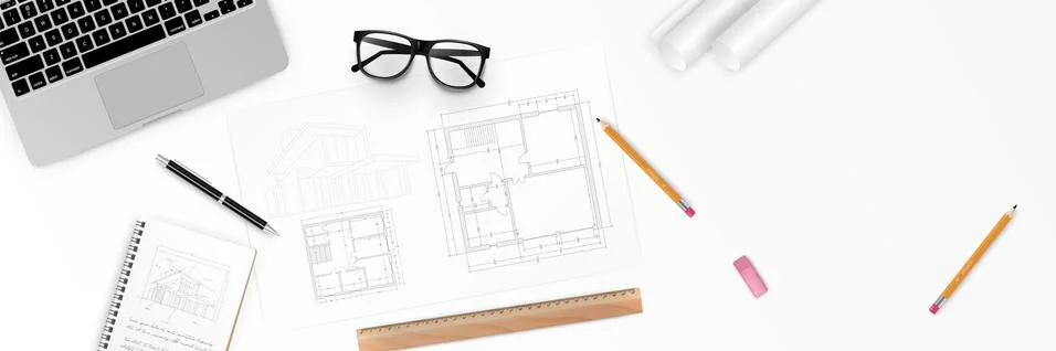 Vector illustration Workplace of architect - Architectural project, blueprints Stock Illustration