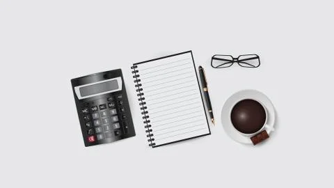 Vector illustration of workplace elements in the office. Calculator, glasses Illustrazione stock