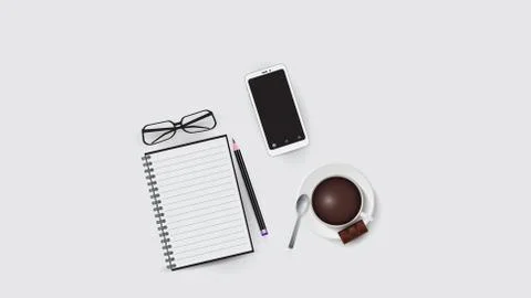 Vector illustration of workplace elements in the office. Smartphone, glasses 스톡 일러스트