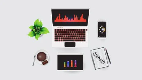 Vector illustration of workplace elements in the office. Laptop, smartphone Stock Illustration