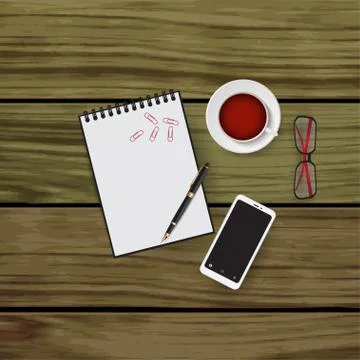 Vector illustration of workplace elements on a wood background. Glasses Stock Illustration