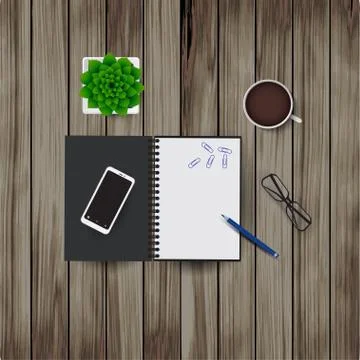 Vector illustration of workplace elements on a wooden background. Glasses Illustrazione stock