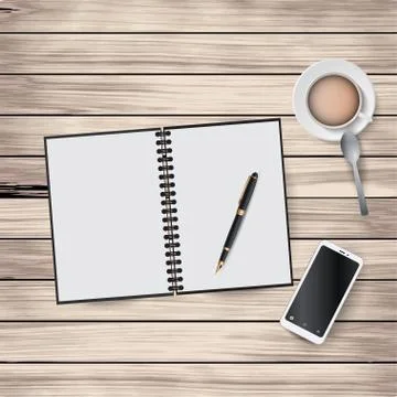 Vector illustration of workplace elements on a wooden background. Notepad, pen Illustrazione stock