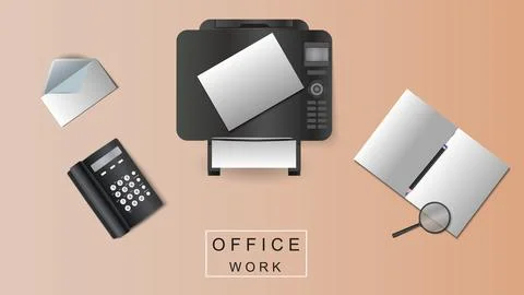 Vector illustration of a workplace in the office. Printer, telephone, sheet of Stock Illustration