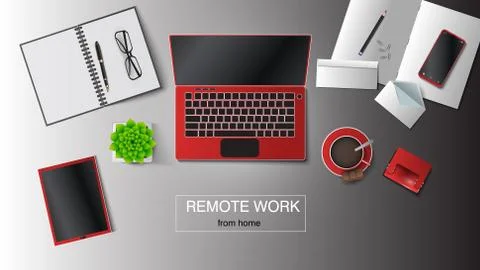 Vector illustration of a workplace at remote work. Laptop, tablet, envelope Stock Illustration