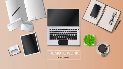 Vector illustration of a workplace at remote work. Laptop, tablet, envelope Stock Illustration