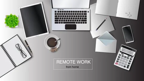 Vector illustration of a workplace at remote work. Laptop, tablet, envelope Stock Illustration