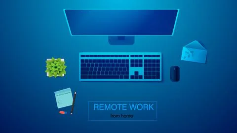 Vector illustration of a workplace for remote work. Monitor, keyboard with mouse Stock Illustration