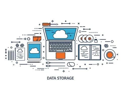 Vector illustration. Workplace, table with documents, computer. Flat cloud Stock Illustration