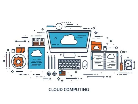 Vector illustration. Workplace, table with documents, computer. Flat cloud Stock Illustration