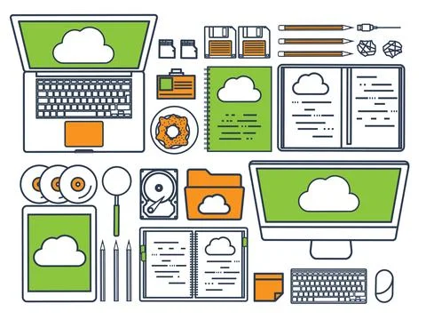 Vector illustration. Workplace, table with documents, computer. Flat cloud Stock Illustration