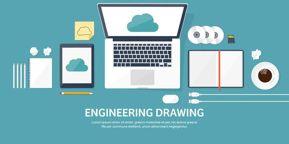 Vector illustration. Workplace table with documents, computer. Flat cloud Stock Illustration