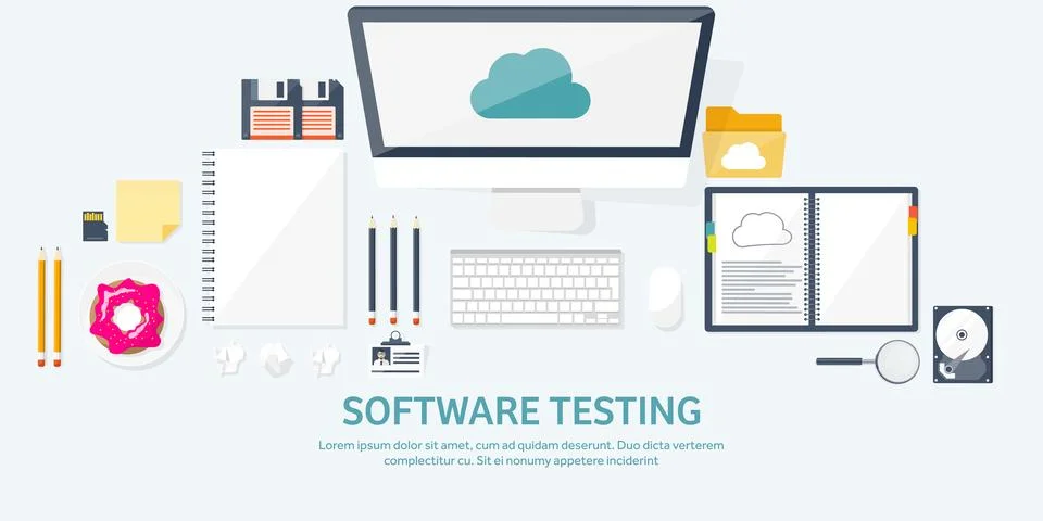 Vector illustration. Workplace table with documents, computer. Flat cloud 스톡 일러스트