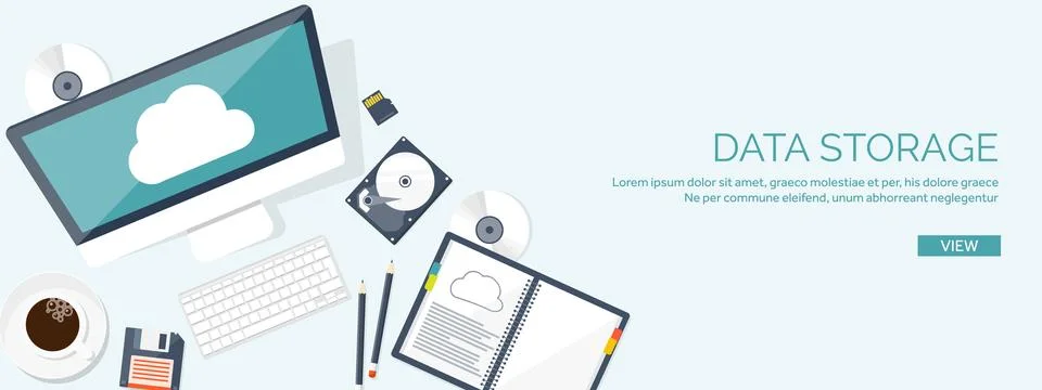 Vector illustration. Workplace table with documents, computer. Flat cloud Stock Illustration