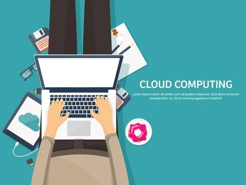 Vector illustration. Workplace, table with documents, computer. Flat cloud Stockillustratie