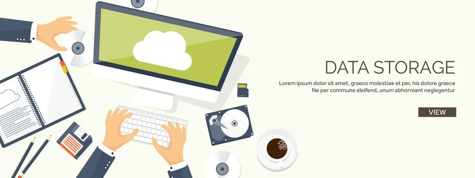 Vector illustration. Workplace table with documents, computer. Flat cloud Stock Illustration