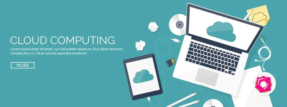 Vector illustration. Workplace table with documents, computer. Flat cloud Stock Illustration