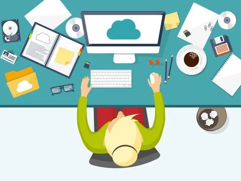 Vector illustration. Workplace, table with documents, computer. Flat cloud Stock Illustration