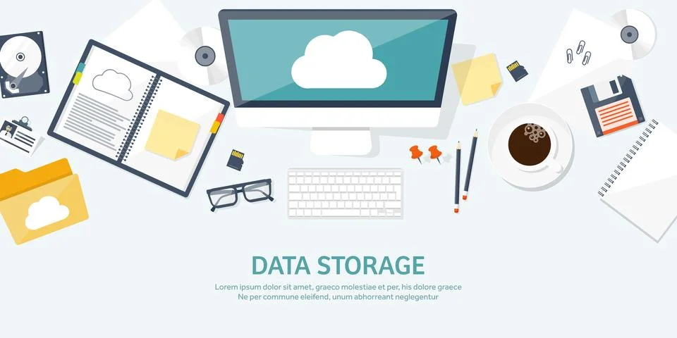 Vector illustration. Workplace table with documents, computer. Flat cloud Stock Illustration