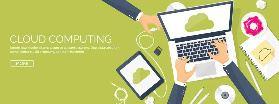 Vector illustration. Workplace table with documents, computer. Flat cloud Stock Illustration